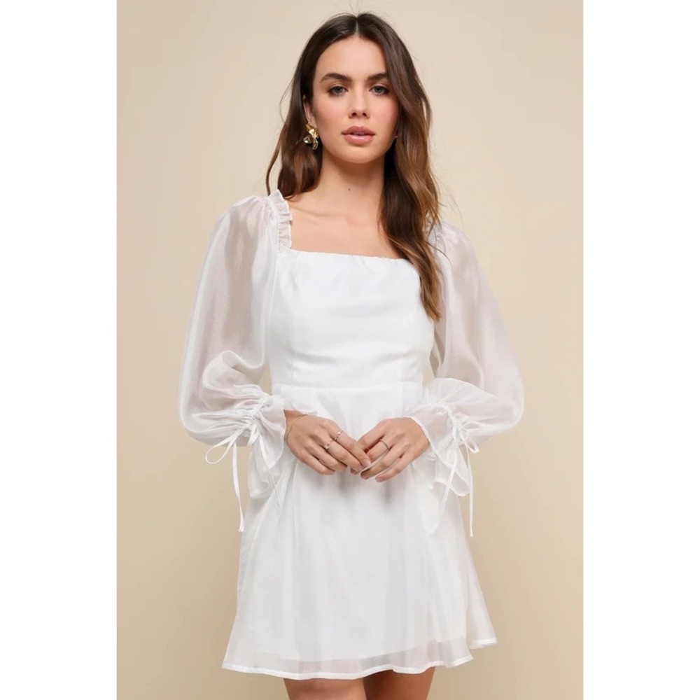 LULUS Sz M Darling Image White Chiffon Ruffled Off-the-Shoulder Mini Dress Bride